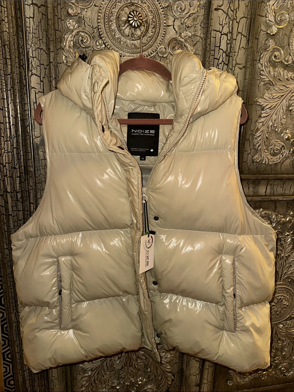 Noize Shiny Cream Puffer Vest with Hood
